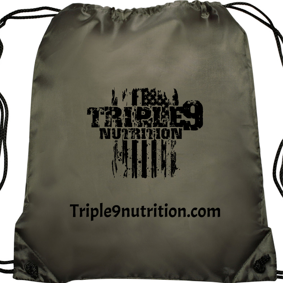 Green drawstring bag with 'Triple9 Nutrition' logo and website text on a white background