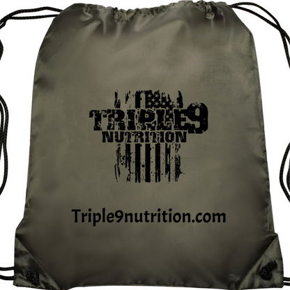 Green drawstring bag with 'Triple9 Nutrition' logo and website text on a white background