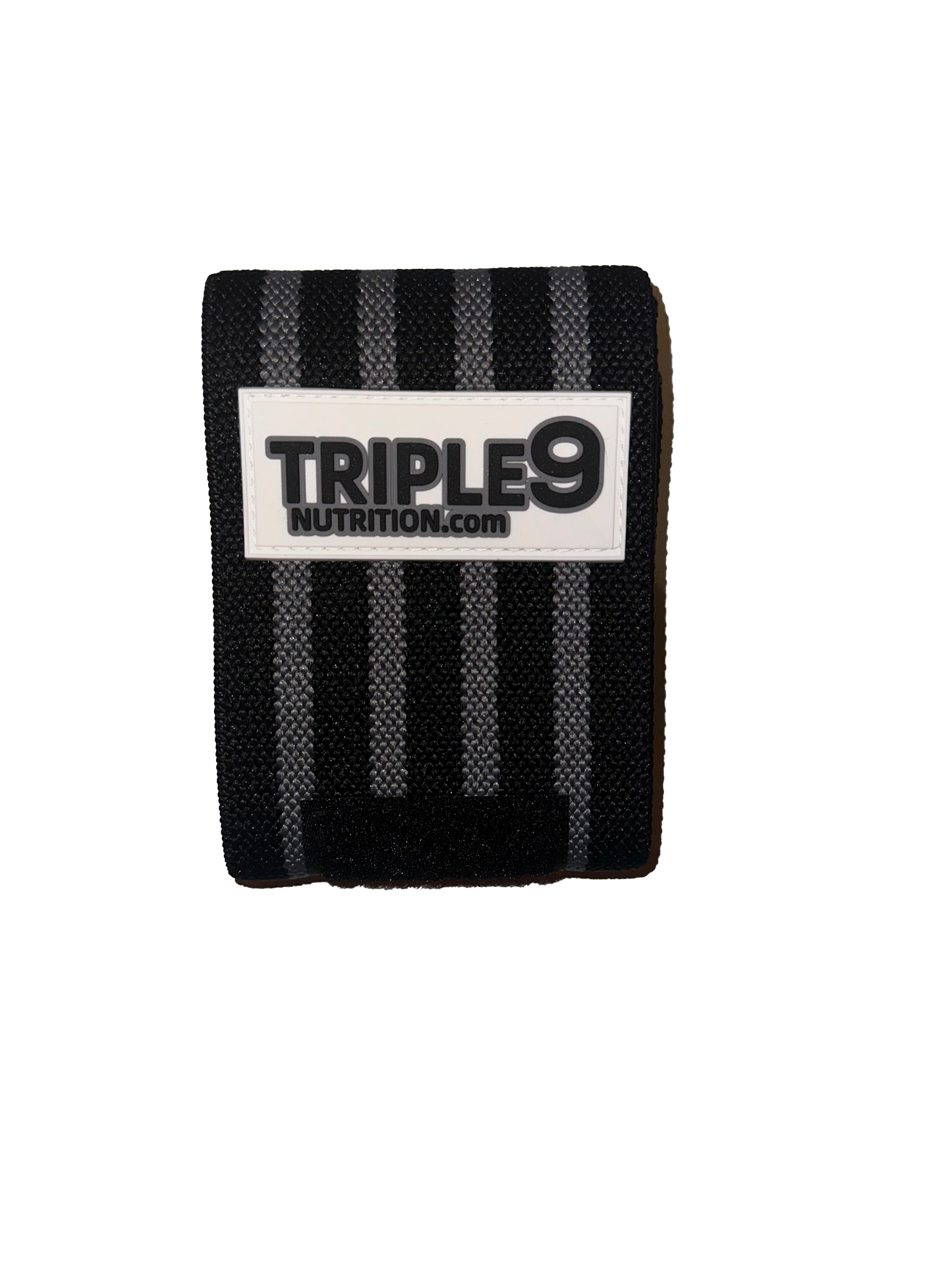 Black wrist wrap with 'Triple 9 Nutrition' logo on a white background