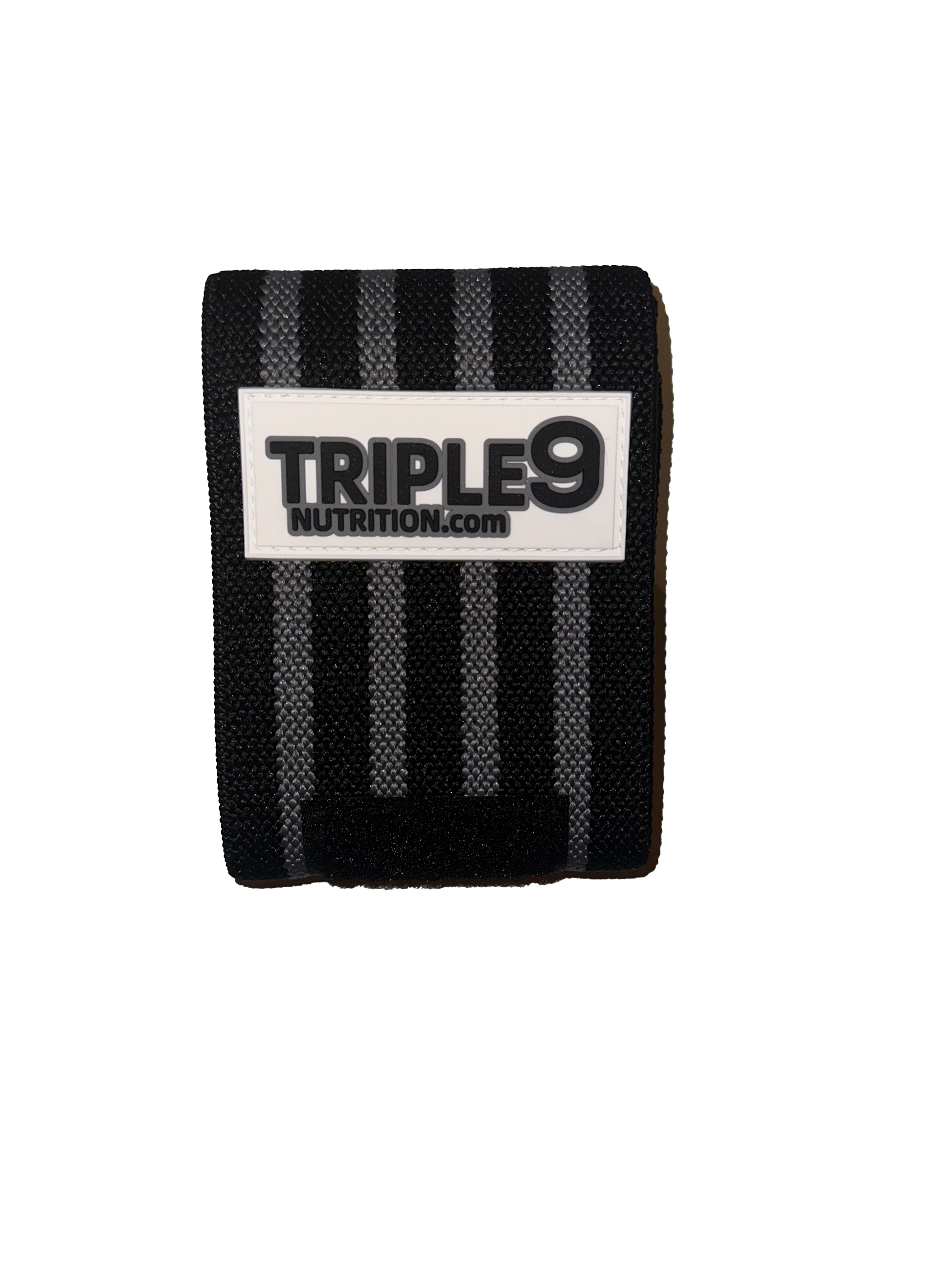 Black wrist wrap with 'Triple 9 Nutrition' logo on a white background