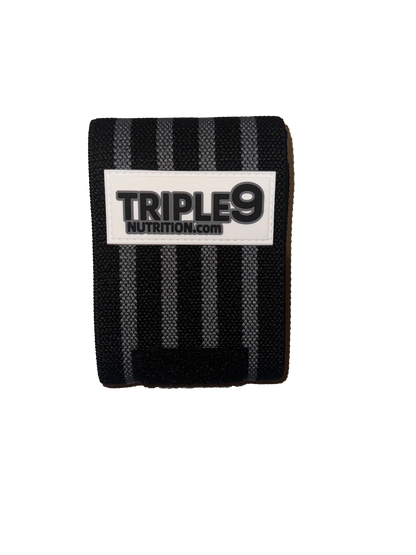 Black wrist wrap with 'Triple 9 Nutrition' logo on a white background