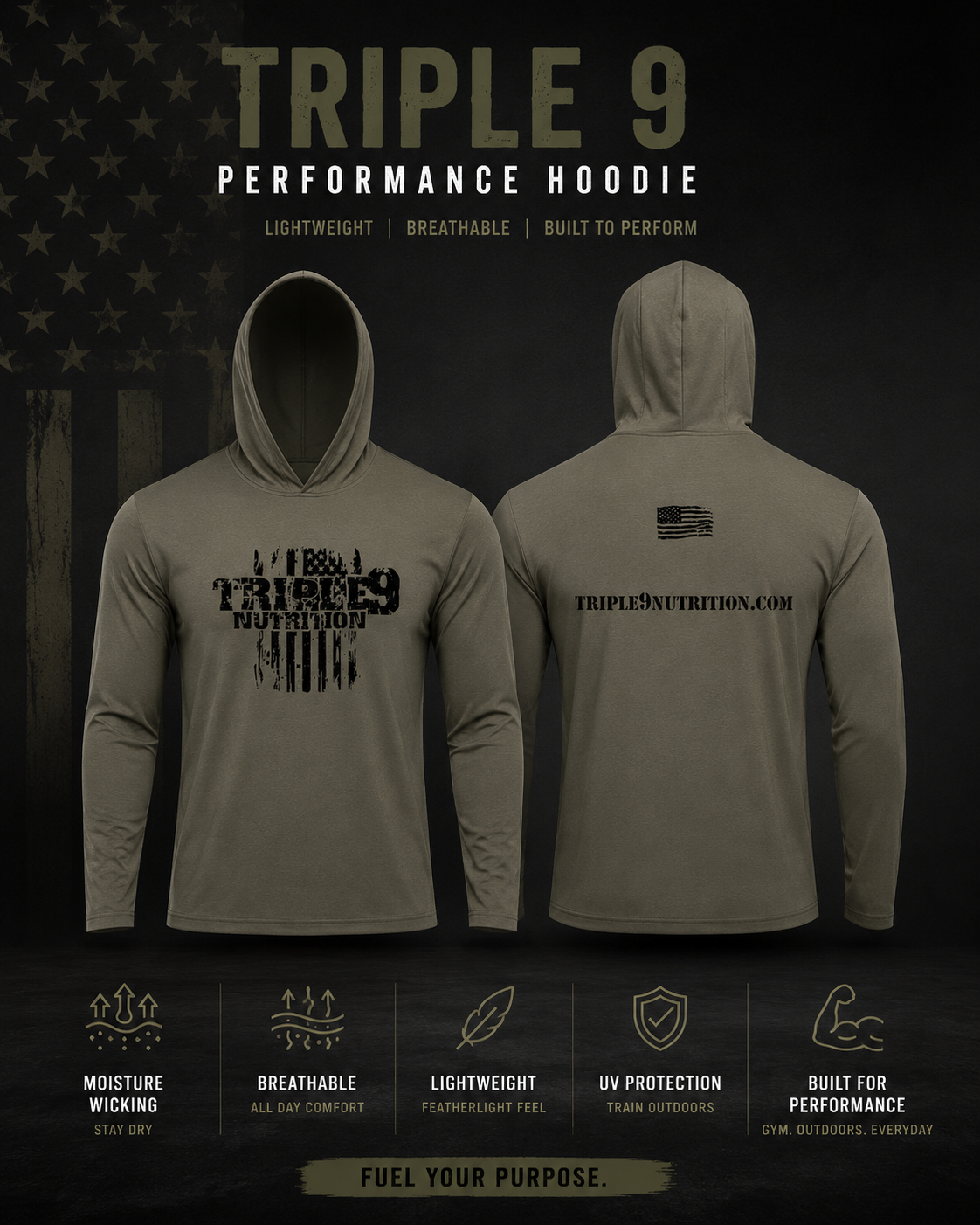 Military Green Triple 9 Nurtition Logo Long Sleeves
